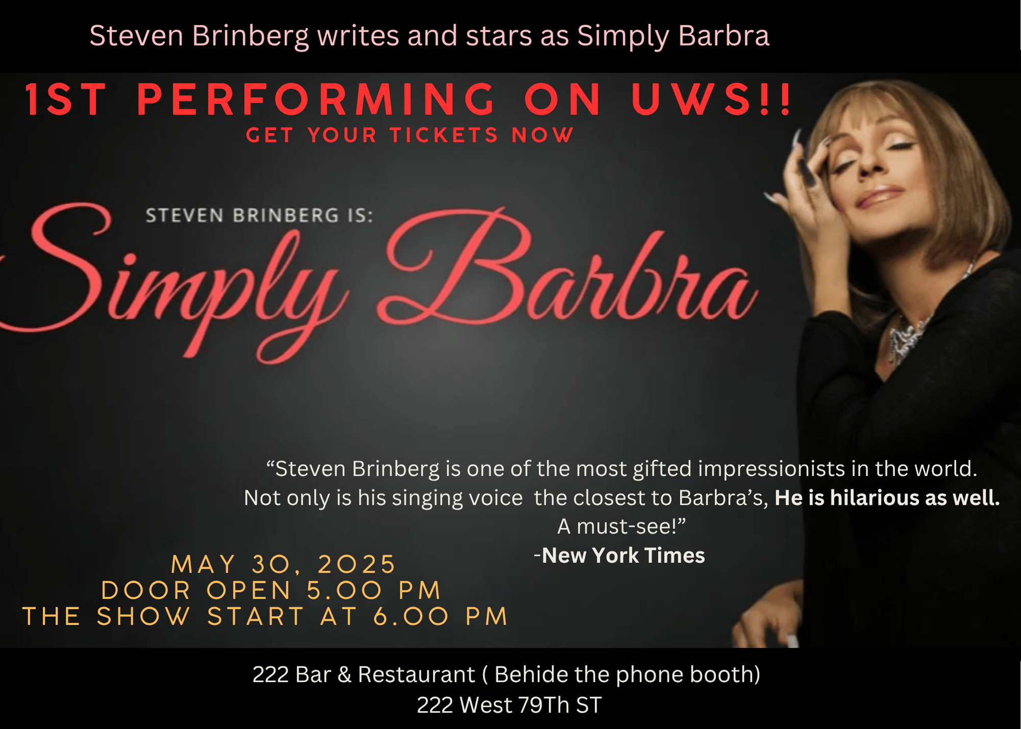 Steven Brinberg writes and stars as Simply Barbra (7 x 5 in)